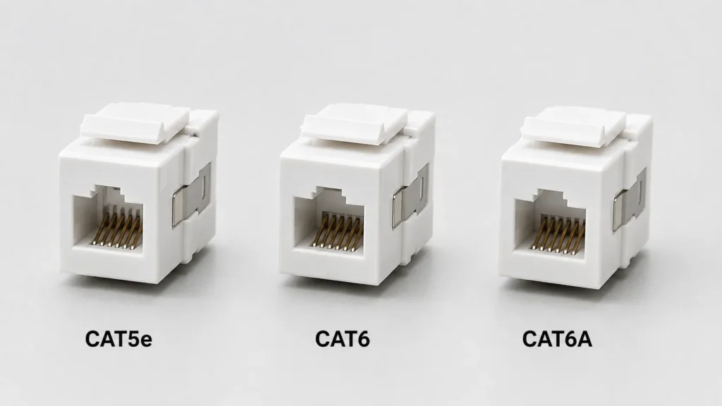 سه کیستون شبکه Cat5e، Cat6 و Cat6A در کنار یکدیگر